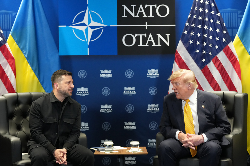 U.S. President Donald Trump meets with Ukraine's President Volodymyr Zelenskyy on the sidelines of the NATO summit in Ankara, Turkey, Wednesday, July 8, 2026. (AP Photo/Alex Brandon)