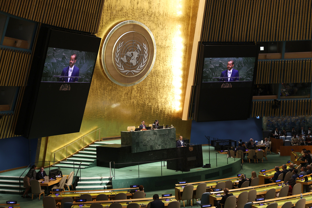 Oman Foreign Minister Badr al-Busaidi addresses the 80th session of the United Nations General Assembly, Saturday, Sept. 27, 2025, at U.N. headquarters. (AP Photo/Pamela Smith)