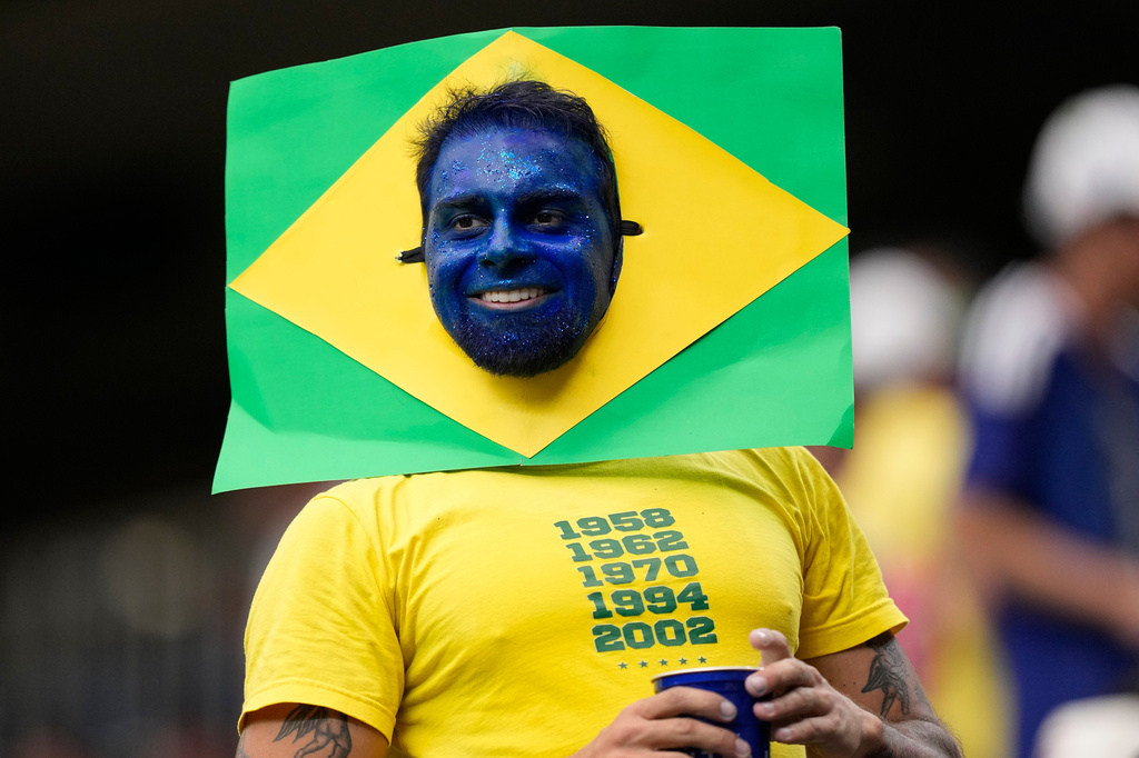A Brazil fan poses before the World Cup round of 32 soccer match between Brazil and Japan in Houston, Monday, June 29, 2026. (AP Photo/Ashley Landis)