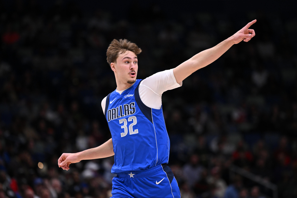 Dallas Mavericks forward Cooper Flagg celebrates after a play during the first half of an NBA basketball game against the New Orleans Pelicans in New Orleans, Monday, March 16, 2026. (AP Photo/Ella Hall)