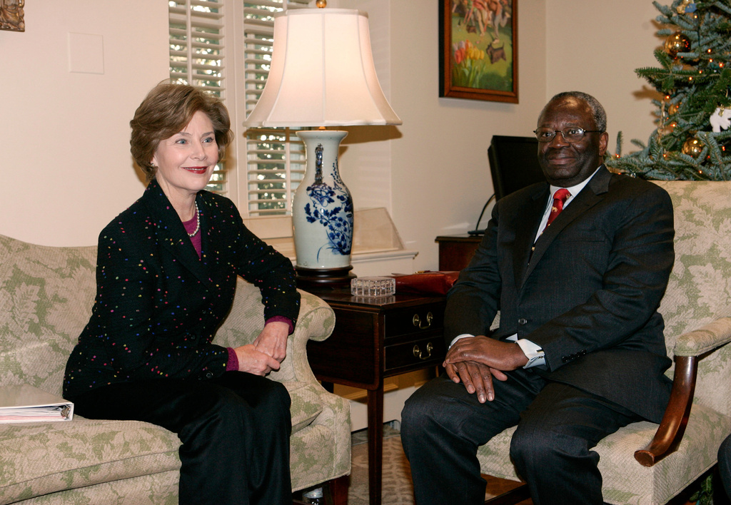 FILE - First lady Laura Bush, left, meets with U.N. Special Adviser on Burma Ibrahim Gambari in her East Wing office of the White House in Washington, Dec. 17, 2007. (AP Photo/Evan Vucci, File)
