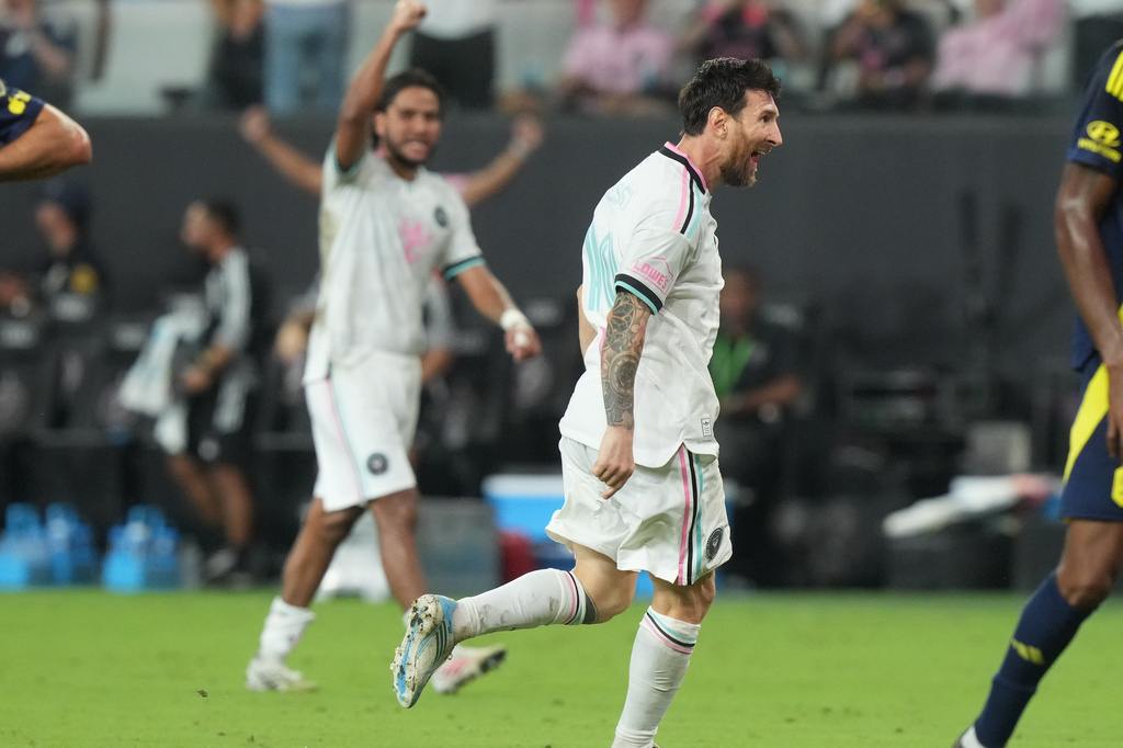 Inter Miami forward Lionel Messi (10) celebrates after scoring a goal during the second half of an MLS soccer match against the Nashville Saturday, Sept. 12, 2026, in Miami. (AP Photo/Marta Lavandier)