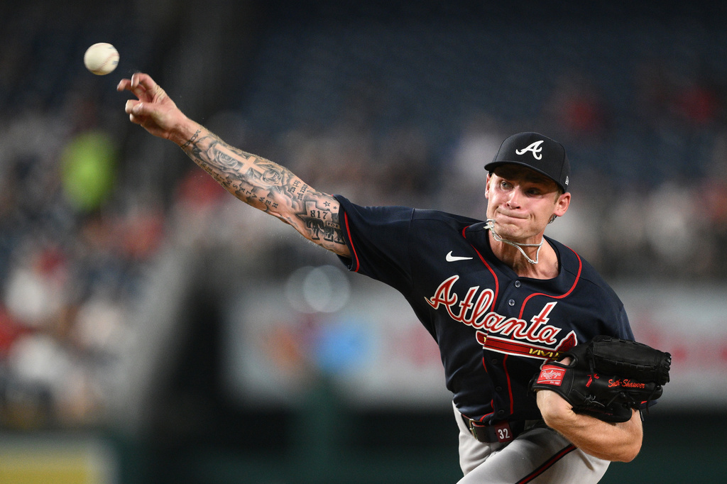 Atlanta Braves pitcher AJ Smith-Shawver throws during the third inning of a baseball game against the Washington Nationals, Tuesday, Sept. 1, 2026, in Washington. (AP Photo/Nick Wass)