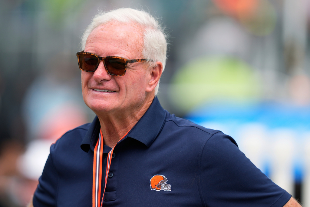 FILE - Cleveland Browns owner Jimmy Haslam watches warm ups before an NFL preseason football game against the Philadelphia Eagles on Saturday, Aug. 16, 2025, in Philadelphia. (AP Photo/Chris Szagola, File)