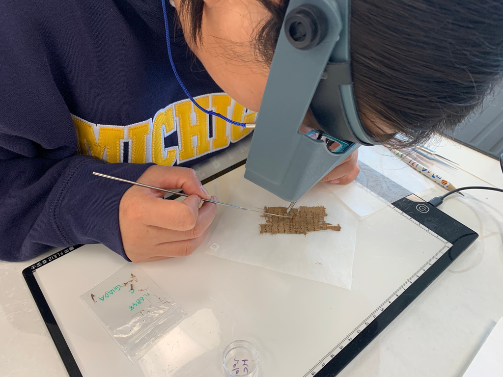 Papyrus Conservation Summer Seminar student Shijin (Giada) Jiang examines a papyrus fragment at the University of Michigan, Thursday, Aug. 6, 2026, in Ann Arbor, Mich. (AP Photo/Mike Householder)