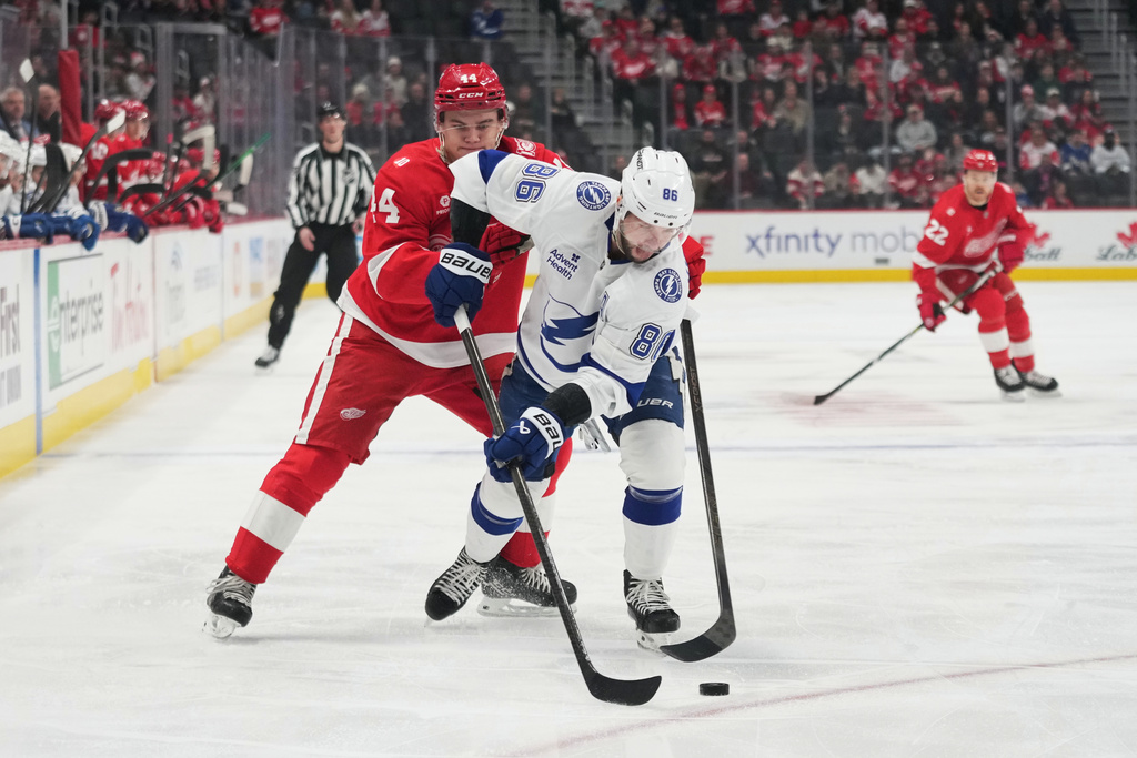 Detroit Red Wings defenseman Axel Sandin-Pellikka, left, and Tampa Bay Lightning right wing Nikita Kucherov vie for the puck during the first period of an NHL hockey game Friday, Nov. 28, 2025, in Detroit. (AP Photo/Ryan Sun)