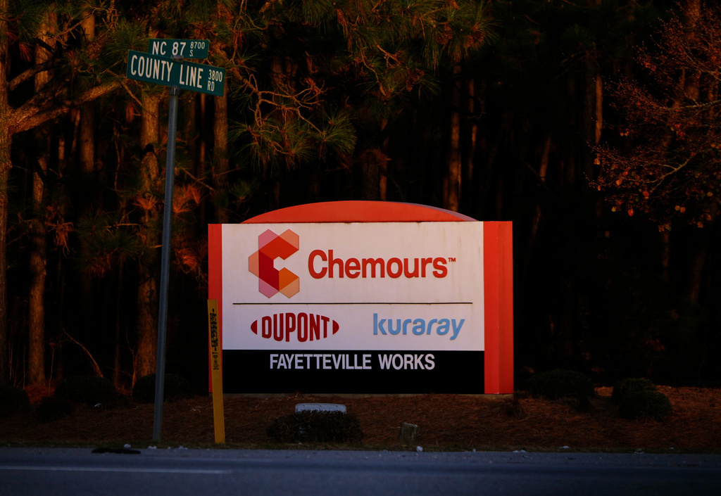 FILE - A sign is displayed at the entrance of Chemours Company, Fayetteville Works in White Oak, N.C., Dec. 9, 2025. (AP Photo/Carolyn Kaster, File)