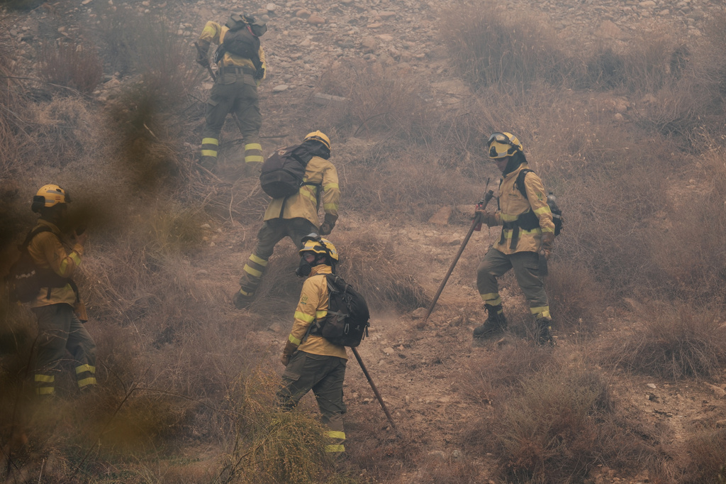 Firefighters work on a wildfire in Los Gallardos, near Almeria, Spain, Friday, July 10, 2026. (AP Photo/Gregorio Marrero)