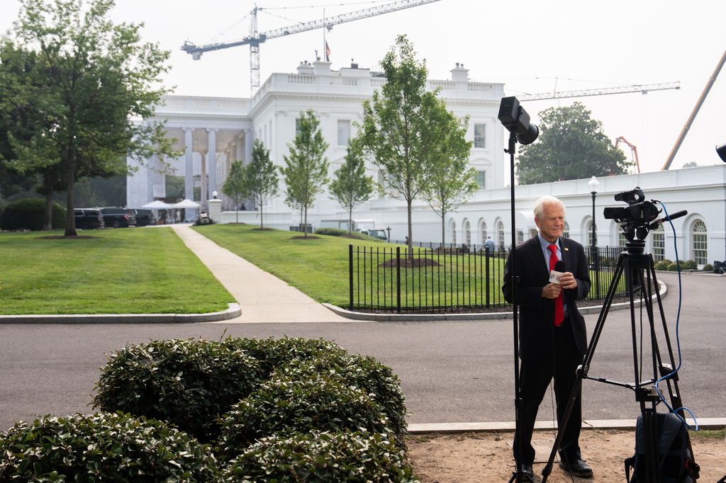 White House trade counselor Peter Navarro prepares for a video interview with Real America's Voice News, Friday, July 17, 2026, at the White House in Washington. (AP Photo/Julia Demaree Nikhinson)