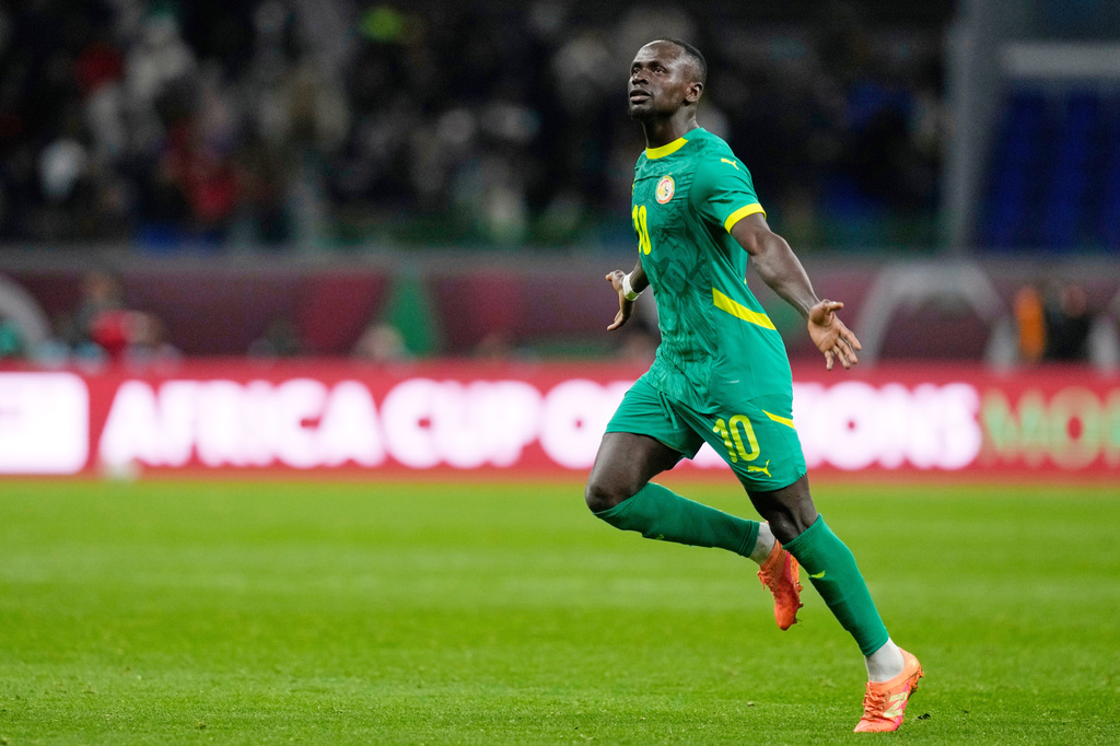 FILE - Senegal's Sadio Mane celebrates after scoring his side's opening goal during the Africa Cup of Nations semifinal soccer match between Senegal and Egypt, in Tangier, Morocco, Wednesday, Jan. 14, 2026. (AP Photo/Themba Hadebe, File)