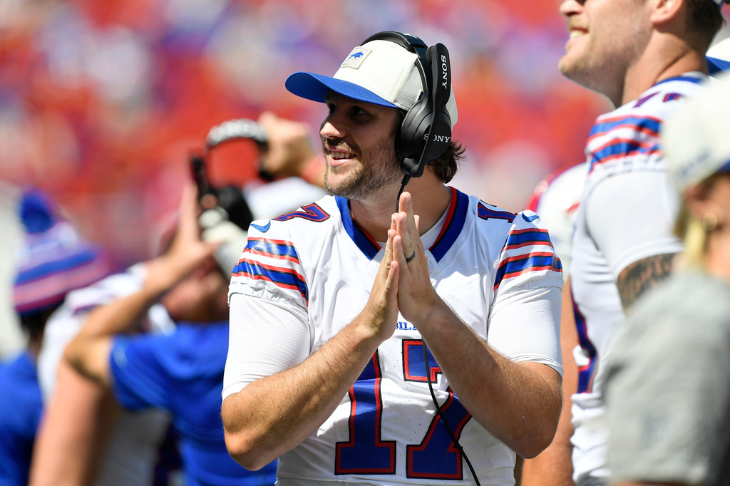 Buffalo Bills quarterback Josh Allen (17) watches from the sideline during the second half of a preseason NFL football game against the Carolina Panthers, Saturday, Aug. 15, 2026, in Orchard Park, N.Y. (AP Photo/Adrian Kraus)