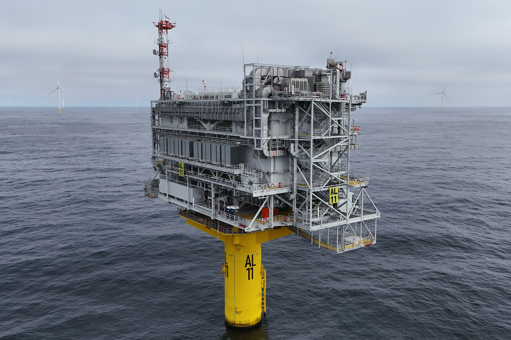 FILE - The Revolution Wind central hub or substation for the offshore wind farm is visible April 23, 2026, off the coast of Rhode Island. (AP Photo/Joshua A. Bickel, File)