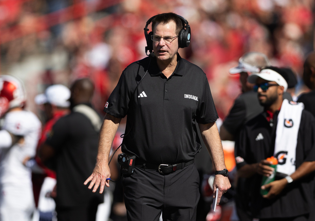 Indiana head coach Curt Cignetti paces the sideline as his team plays against Nebraska during the first half of an NCAA college football game Saturday, Oct. 10, 2026, in Lincoln, Neb. (AP Photo/Rebecca S. Gratz)