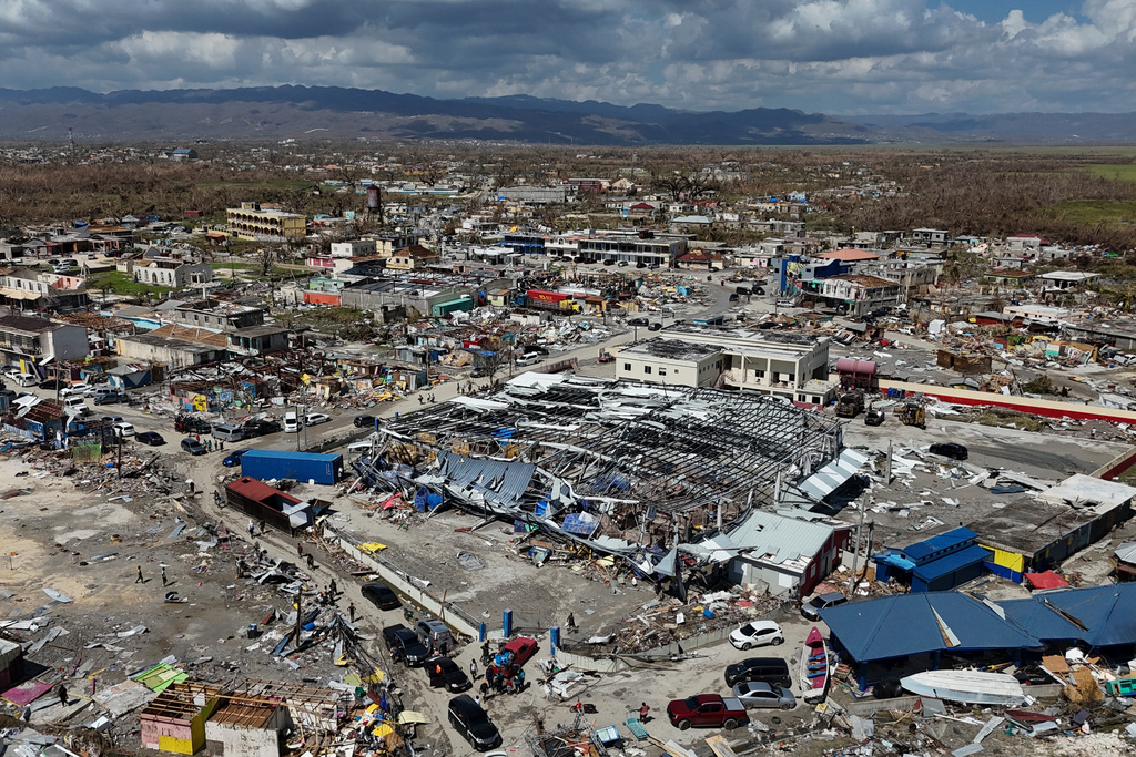 An aerial view of Black River, Jamaica, Thursday, Oct. 30, 2025, in the aftermath of Hurricane Melissa. (AP Photo/Matias Delacroix)