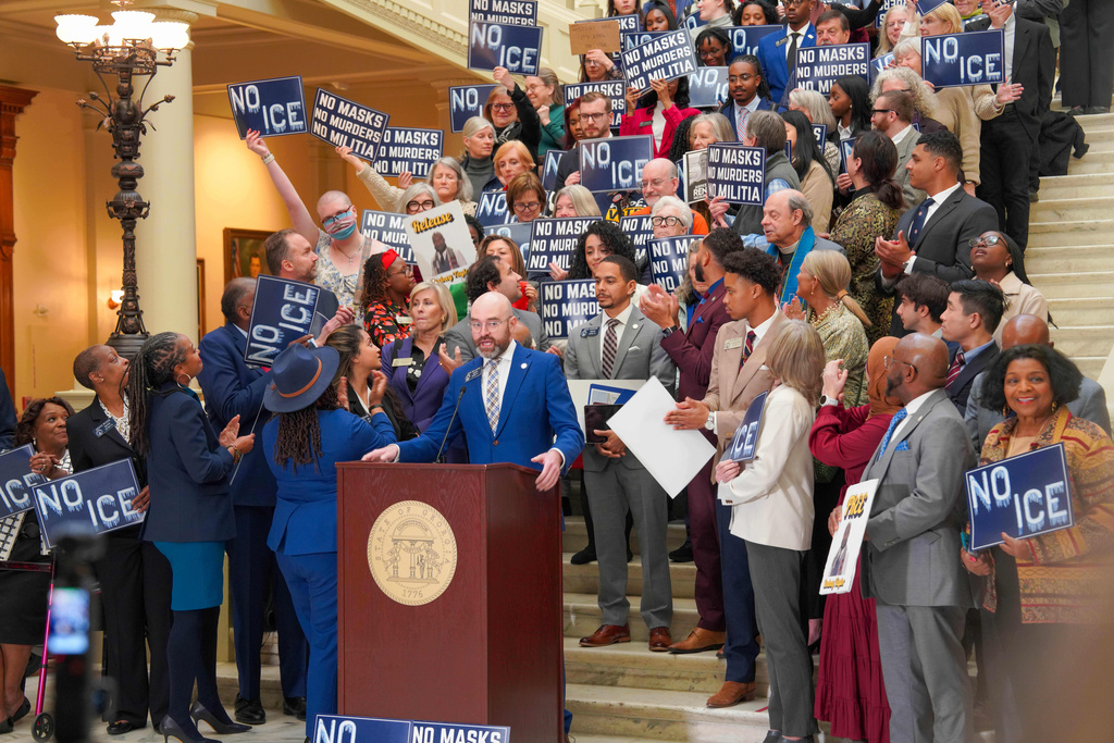 Georgia state Sen. Josh McLaurin, D-Sandy Springs, speaks during a news conference at the Georgia State Capitol in Atlanta, Tuesday, Jan. 13, 2026. (Matthew Pearson/WABE via AP)