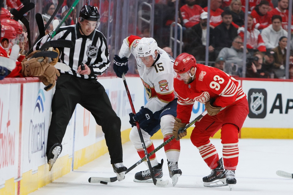 Florida Panthers center Anton Lundell (15) and Detroit Red Wings right wing Alex DeBrincat (93) battle for the puck while avoiding a referee, left, during the first period of an NHL hockey game Friday, March 6, 2026, in Detroit. (AP Photo/Duane Burleson)