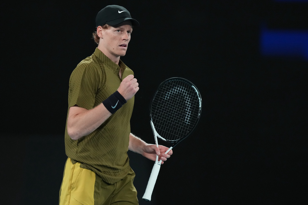 Jannik Sinner of Italy reacts after winning his second round match against James Duckworth of Australia at the Australian Open tennis championship in Melbourne, Australia, Thursday, Jan. 22, 2026. (AP Photo/Aaron Favila)