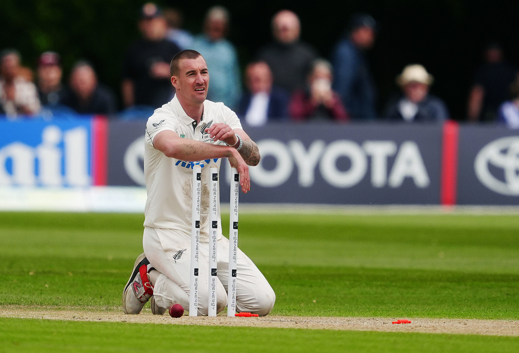 New Zealand's Blair Tickner after stumping out Ireland's Liam McCarthy during day three of the test match between Ireland and New Zealand in Belfast, Northern Ireland, Friday May 29, 2026. (Brian Lawless/PA via AP)