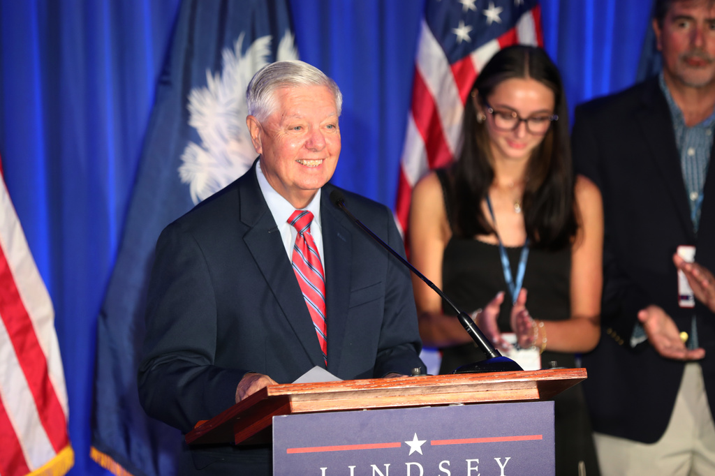 Republican U.S. Sen. Lindsey Graham speaks after winning the Republican primary on Tuesday, June 9, 2026, in Columbia, S.C. (AP Photo/Jeffrey Collins)