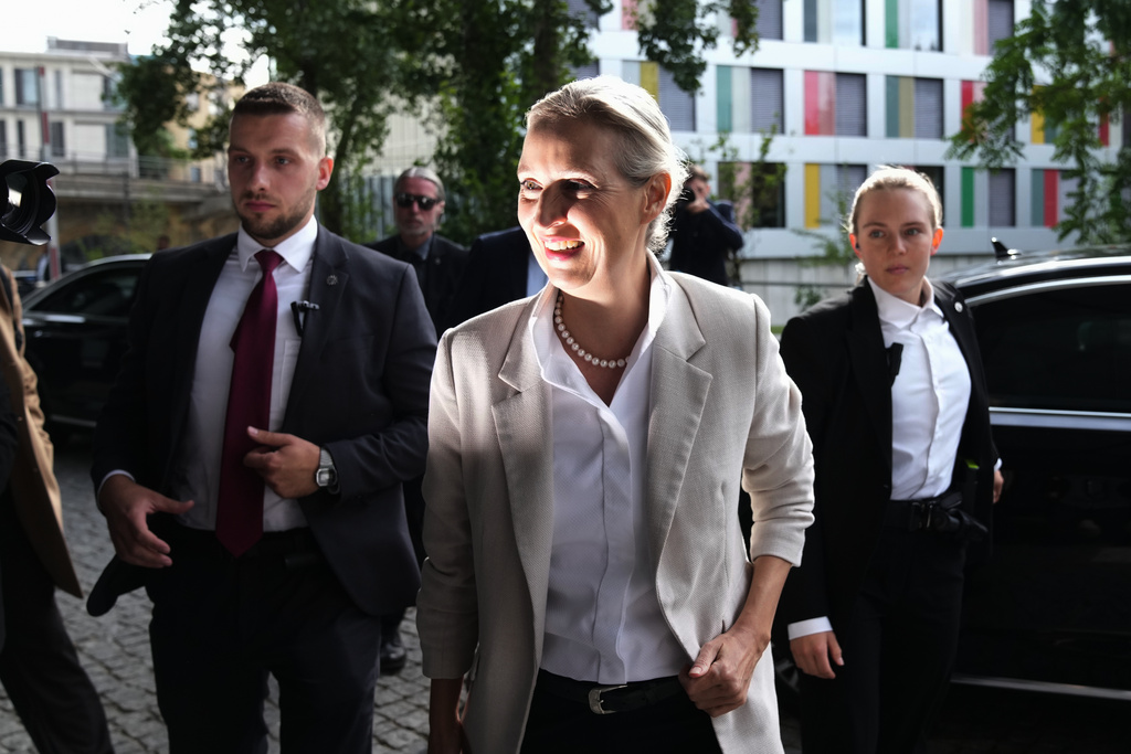 Co-leader of Alternative for Germany party, or AfD, Alice Weidel, arrives for a press conference in Berlin, Germany, Monday, Sept. 7, 2026. (AP Photo/Ebrahim Noroozi)