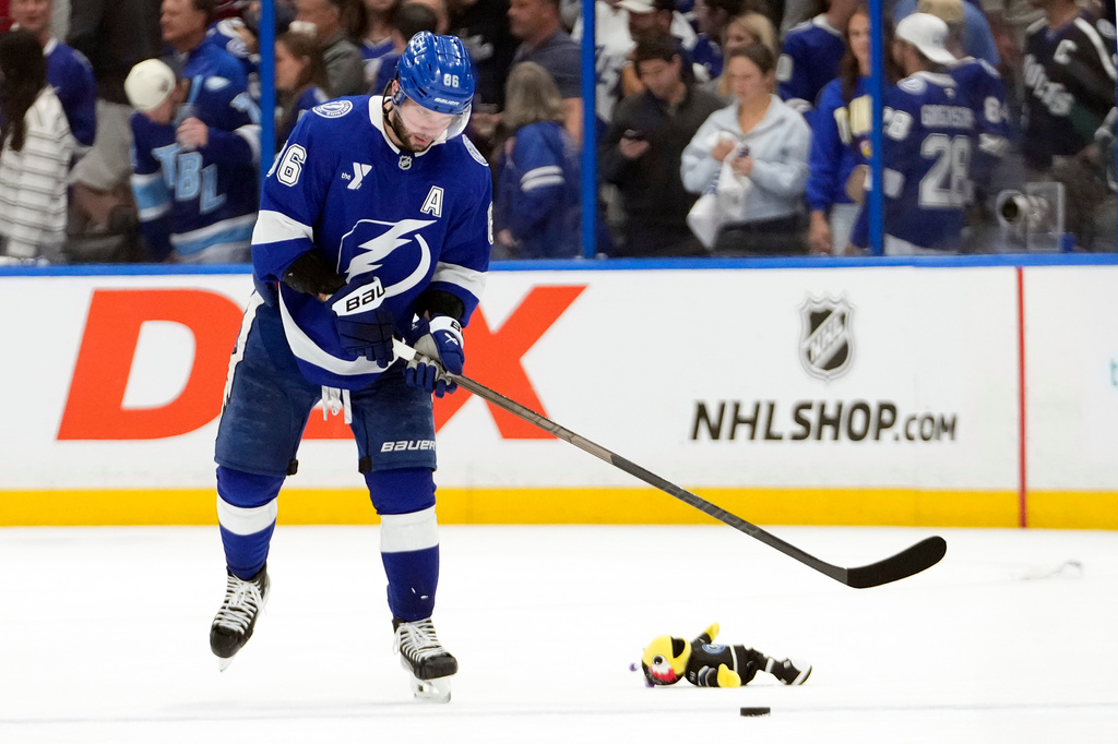 Tampa Bay Lightning right wing Nikita Kucherov (86) reacts after the team lost to the Montréal Canadiens in Game 5 of an NHL hockey Stanley Cup first-round playoff series, Wednesday, April 29, 2026, in Tampa, Fla. (AP Photo/Chris O'Meara)