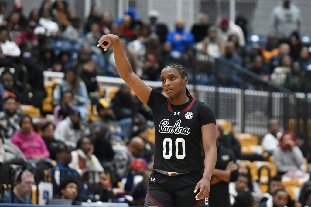 South Carolina guard Ta'niya Latson reacts after scoring against Coppin State during the second half of an NCAA college basketball game Sunday, Jan. 18, 2026, in Baltimore. (AP Photo/Gail Burton)