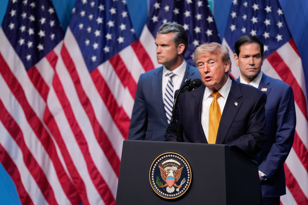 President Donald Trump speaks during a media conference, flanked by U.S. Defense Secretary Pete Hegseth and U.S. Secretary of State Marco Rubio, at the NATO summit in Ankara, Turkey, Wednesday, July 8, 2026. (AP Photo/ Emrah Gurel)