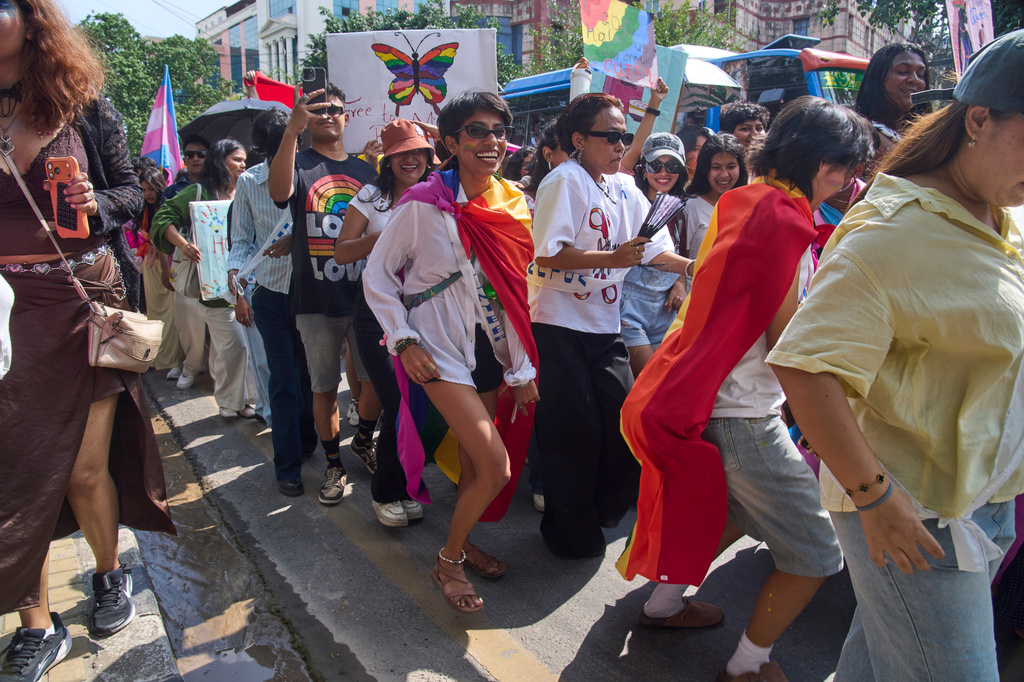 Members and supporters of the LGBTQ+ community participate in a Pride Month rally in Kathmandu, Nepal, on Saturday, June 13, 2026. (AP Photo/Niranjan Shrestha)