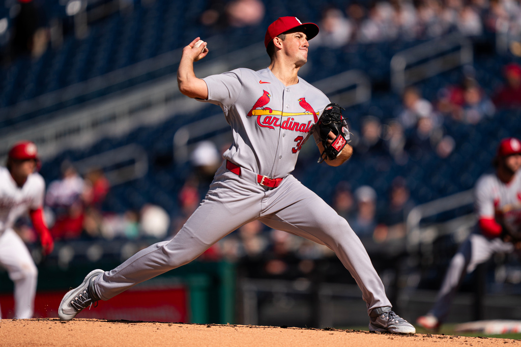 St. Louis Cardinals pitcher Michael McGreevy pitches against the Washington Nationals during the first inning of a baseball game, Wednesday, April 8, 2026, in Washington. (AP Photo/Nathan Howard)