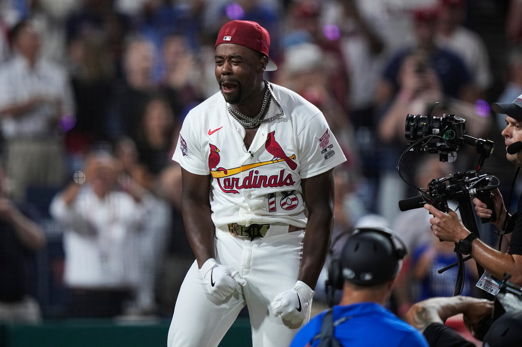St. Louis Cardinals' Jordan Walker celebrates winning the MLB baseball All-Star Home Run Derby, Monday, July 13, 2026, in Philadelphia. (AP Photo/Matt Slocum)