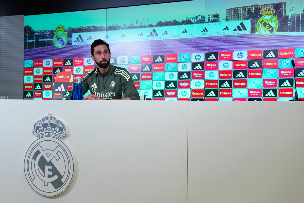 Real Madrid new coach Alvaro Arbeloa attends a press conference at the club's Valdebebas training ground in Madrid, Tuesday, Jan. 13, 2026. (AP Photo/Manu Fernandez)