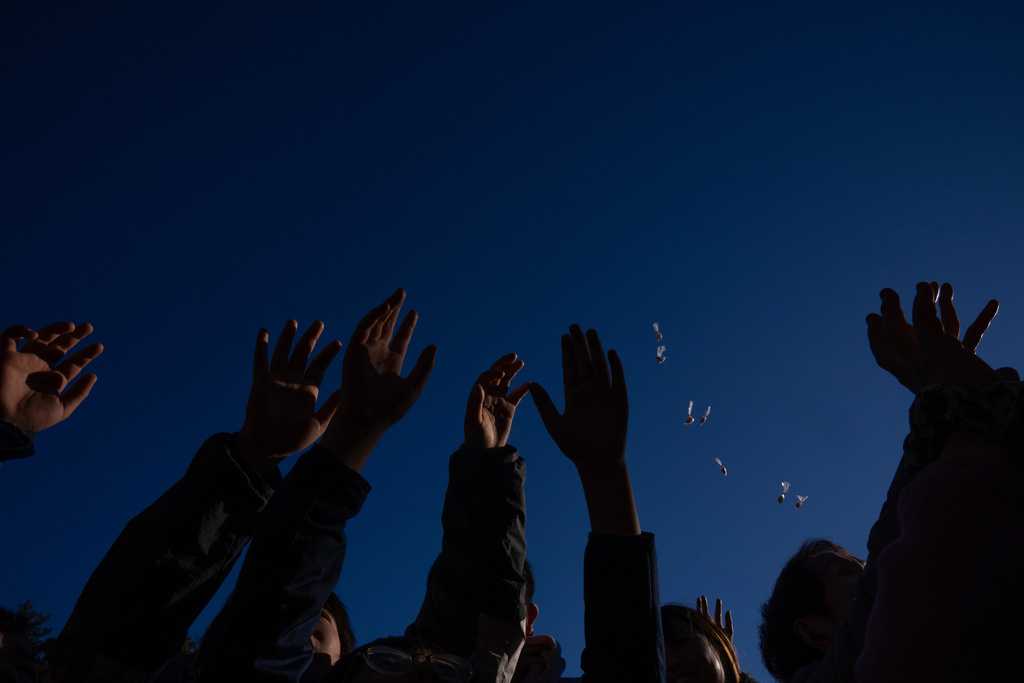 Members of the public try to catch rice cakes thrown after the Winter Sea Misogi Festival, a Shinto purification ritual marking the New Year, in Numazu, Japan, Monday, Jan. 12, 2026. (AP Photo/Louise Delmotte)