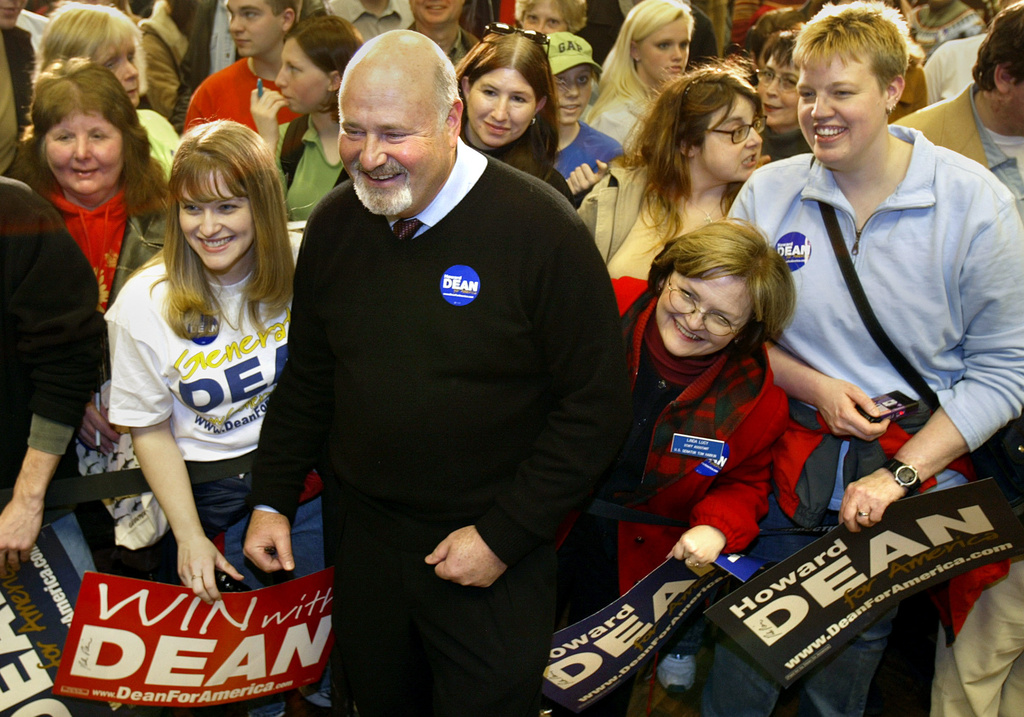 FILE - Actor and director Rob Reiner, center, poses for photographs while stumping along with actor Martin Sheen, not seen, for Democratic presidential hopeful Howard Dean, Jan. 14, 2004, at the University of Northern Iowa, in Cedar Falls, Iowa. (Rick Chase/The Courier via AP, File)