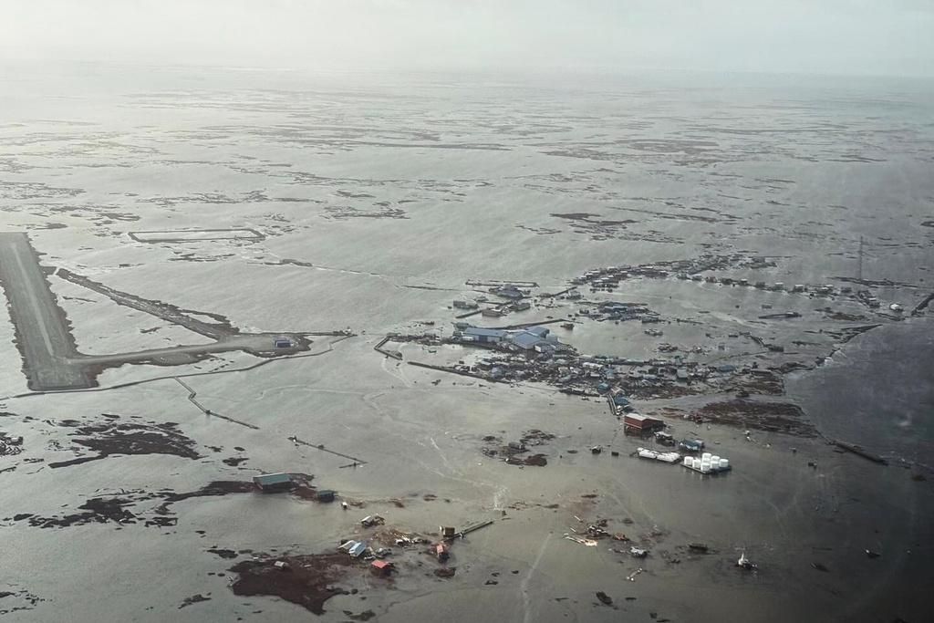 In this photo provided by the Defense Visual Information Distribution Service, Alaska Air National Guard rescue personnel conduct a search and rescue mission in Kipnuk, Alaska, on Monday, Oct. 13, 2025. (Defense Visual Information Distribution Service via AP)