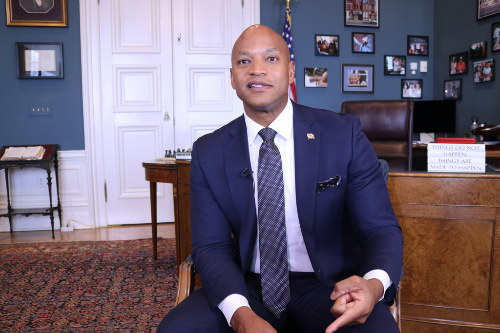 Maryland Gov. Wes Moore speaks during an interview in his office in Annapolis, Md., on the first day of the state's annual legislative session on Wednesday, Jan. 14, 2026. (AP Photo/Brian Witte)