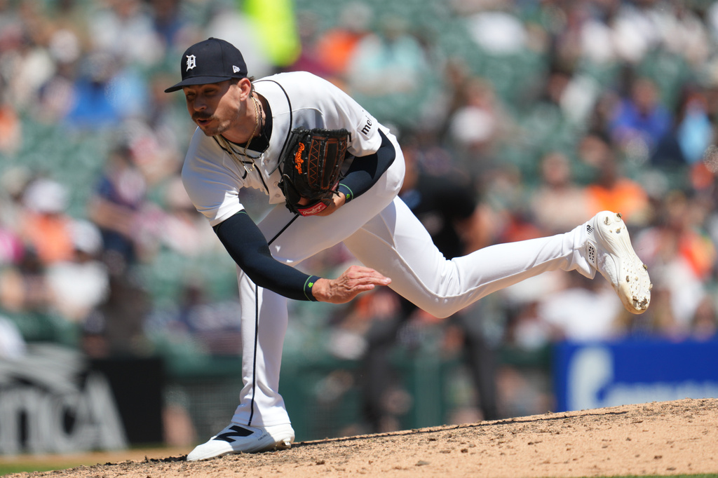 Detroit Tigers pitcher Ricky Vanasco throws against the Los Angeles Angels during the eighth inning of a baseball game Thursday, May 28, 2026, in Detroit. (AP Photo/Paul Sancya)