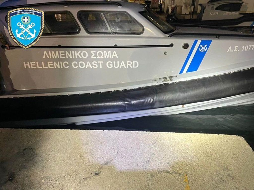 This photo provided by the Hellenic Coast Guard on Wednesday, Feb. 4, 2026, shows a Hellenic Coast Guard patrol vessel docked at the port of Chios after being involved in a collision with a speedboat carrying migrants off the eastern Aegean island of Chios late Tuesday. (Hellenic Coast Guard via AP)