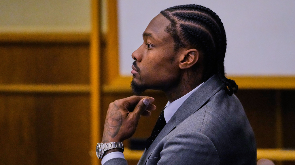 Former New England Patriots wide receiver Stefon Diggs appears in court during his trial at Norfolk County District Court, Tuesday, May 5, 2026, in Dedham, Mass. (AP Photo/Charles Krupa, Pool)