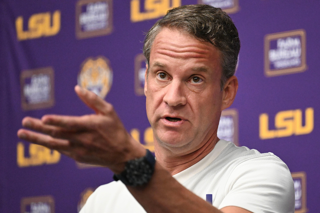 FILE - LSU football head coach Lane Kiffin speaks during a news conference at the LSU Football Operations Facility in Baton Rouge, La., Feb. 4, 2026. (Hilary Scheinuk/The Advocate via AP, File)