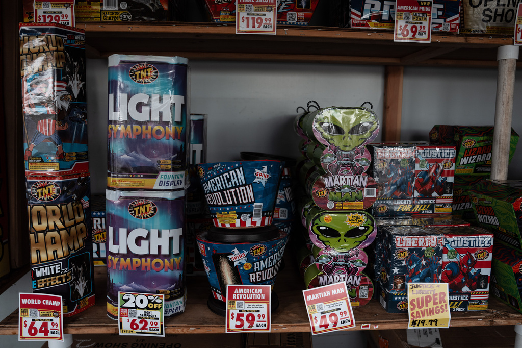 Packages of fireworks are displayed at a TNT Fireworks stand in Alhambra, Calif., Tuesday, June 30, 2026, ahead of the Fourth of July holiday. (AP Photo/Jae C. Hong)