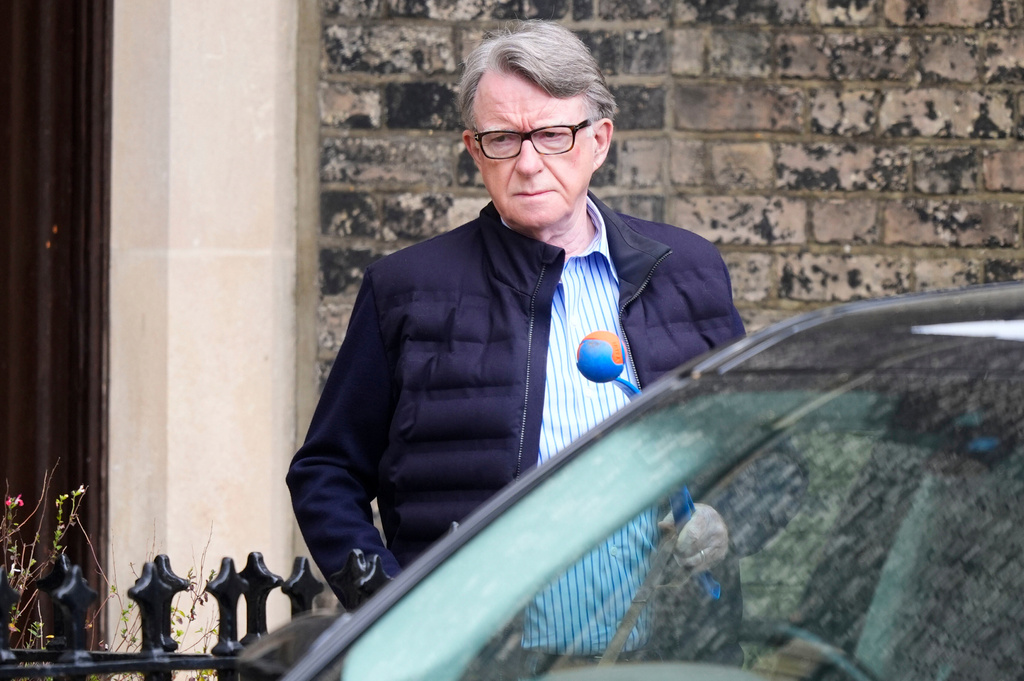 Peter Mandelson is seen outside his home in London, Friday, April 17, 2026. (Jordan Pettitt/PA via AP)
