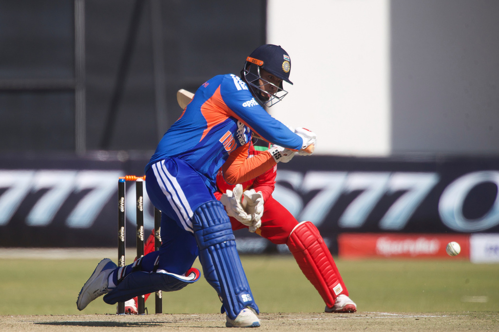 India's batsman Vaibhav Sooryavanshi plays a shot during the third T20 cricket match between Zimbabwe and India in Harare, Zimbabwe, Sunday, July 26, 2026. (AP Photo/Wonder Mashura)
