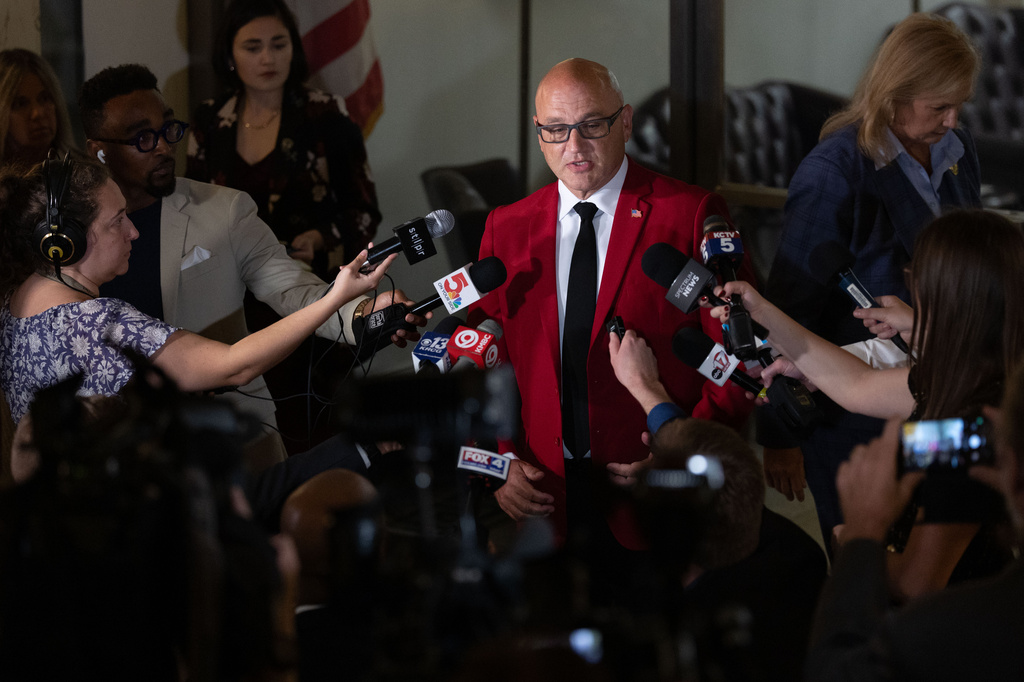 Missouri Secretary of State Denny Hoskins speaks to members of the press after his contempt hearing at the Missouri Supreme Court in Jefferson City, Mo., Thursday, Sept. 10, 2026. (Liz Rymarev/St. Louis Post-Dispatch via AP, Pool)