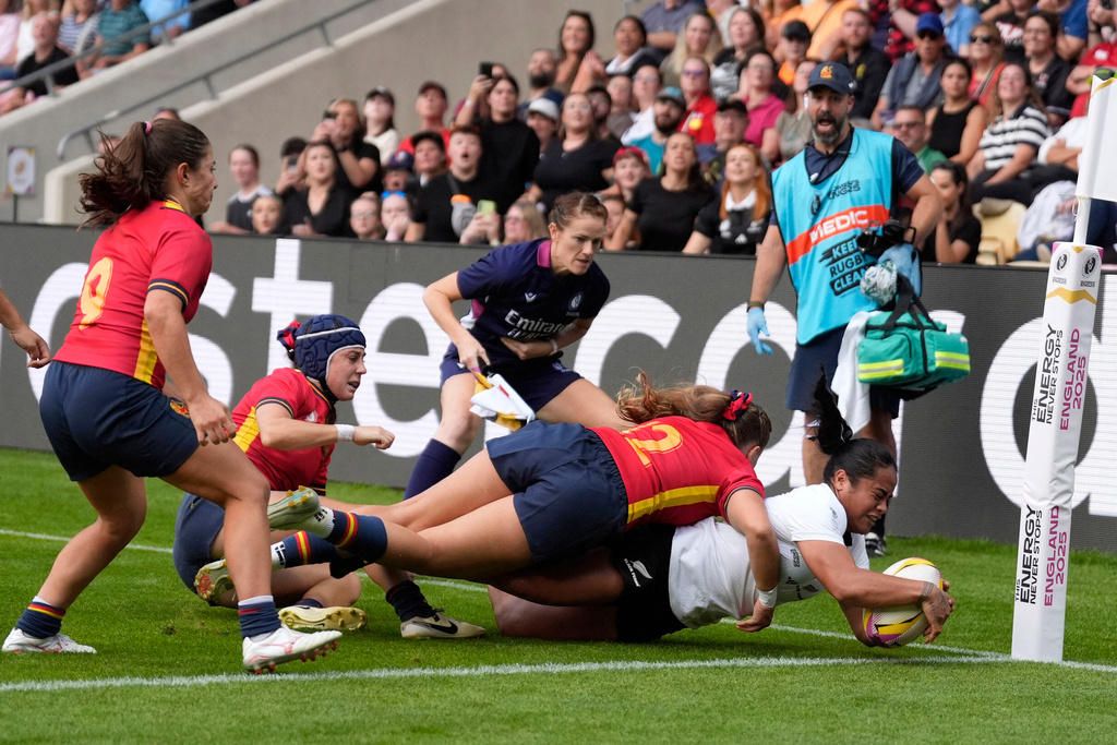 New Zealand's Ayesha Leti-I'iga scores a try during the Women's Rugby World Cup 2025 Pool C match between New Zealand and Spain at York Community Stadium in York, England, Sunday, Aug. 24, 2025. (Danny Lawson/PA via AP)