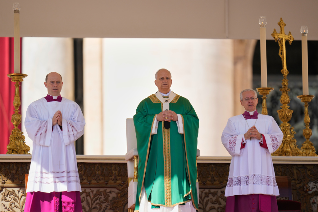 Pope Leo XIV presides over a Mass for the participants in the jubilee of ordained people in St. Peter's Square, at the Vatican, Thursday, Oct. 9, 2025. (AP Photo/Gregorio Borgia)