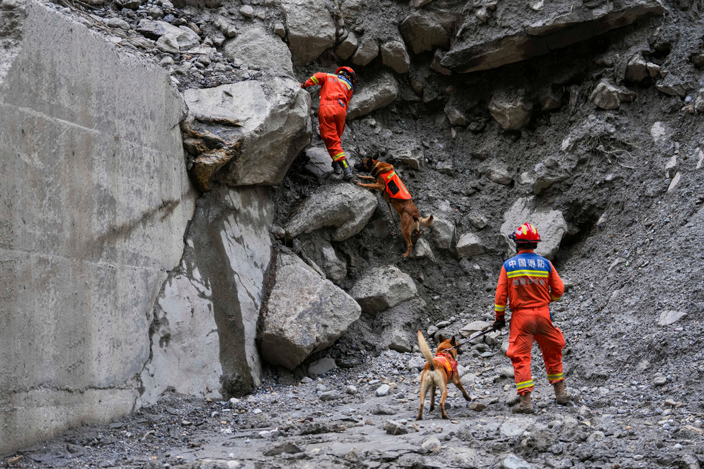 In this photo released by Xinhua News Agency, rescuers use sniffer dogs to search for victims at a mudslide-hit area in Gyirong County, southwestern China's Tibet Autonomous Region, Sunday, Aug. 30, 2026. (Jigme Dorje/Xinhua via AP)