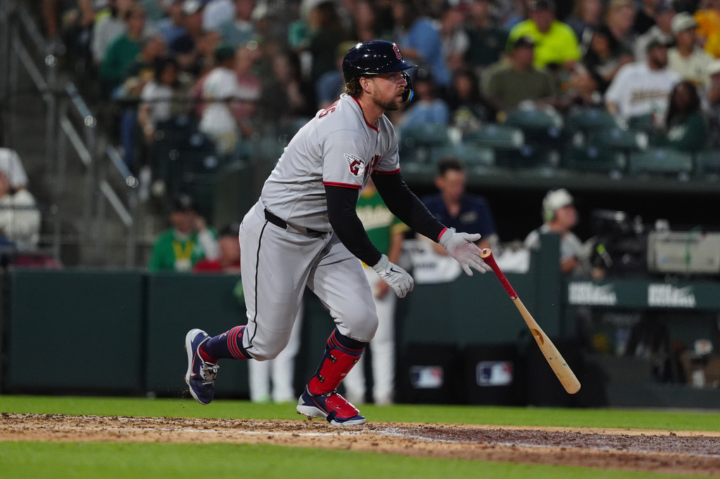 Cleveland Guardians' Rhys Hoskins hits a bases loaded two-run RBI double in the fifth inning of a baseball game against the Athletics Friday, May 1, 2026, in West Sacramento, Calif. (AP Photo/Alan Greth)