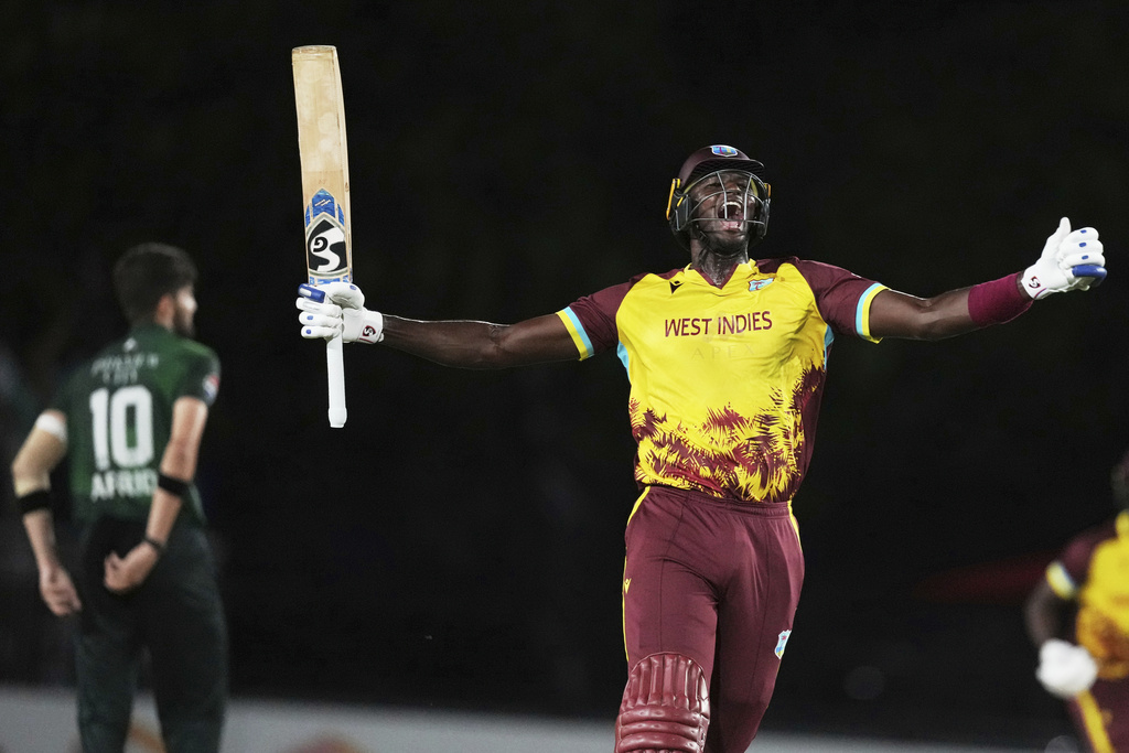 West Indies' Jason Holder reacts after hitting a four to win the second Twenty20 cricket match against Pakistan, Saturday, Aug. 2, 2025, in Lauderhill, Fla. (AP Photo/Lynne Sladky)