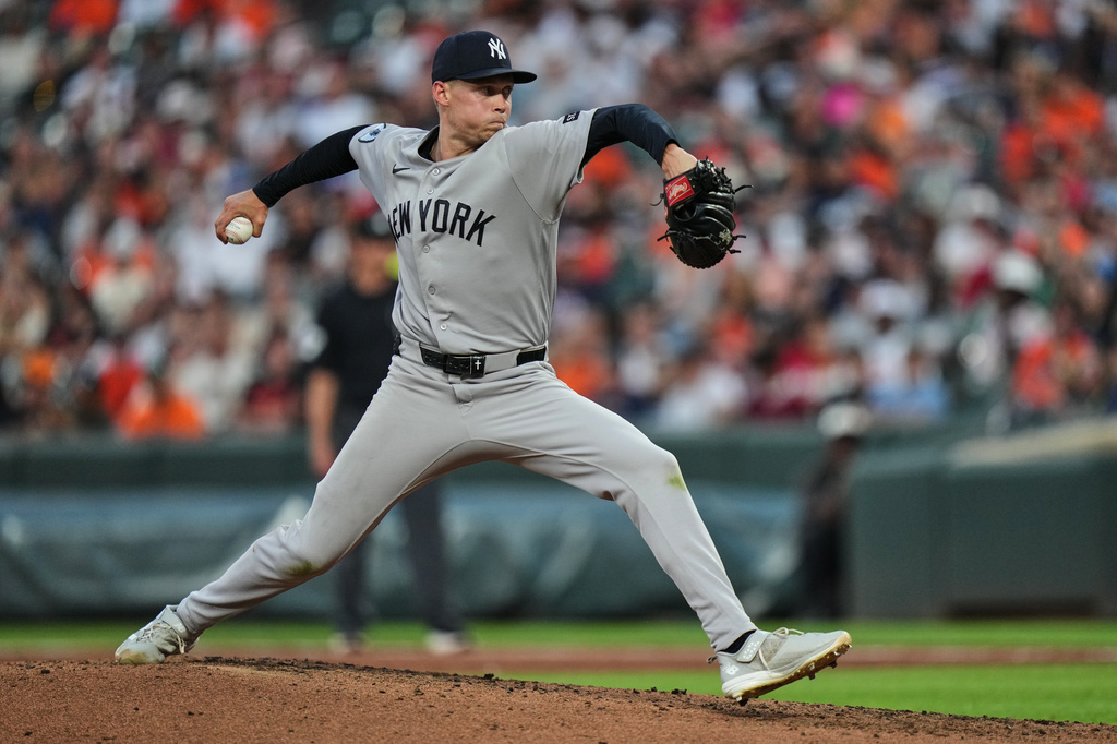 New York Yankees starting pitcher Will Warren delivers during the third inning of a baseball game against the Baltimore Orioles, Wednesday, Aug. 19, 2026, in Baltimore. (AP Photo/Stephanie Scarbrough)
