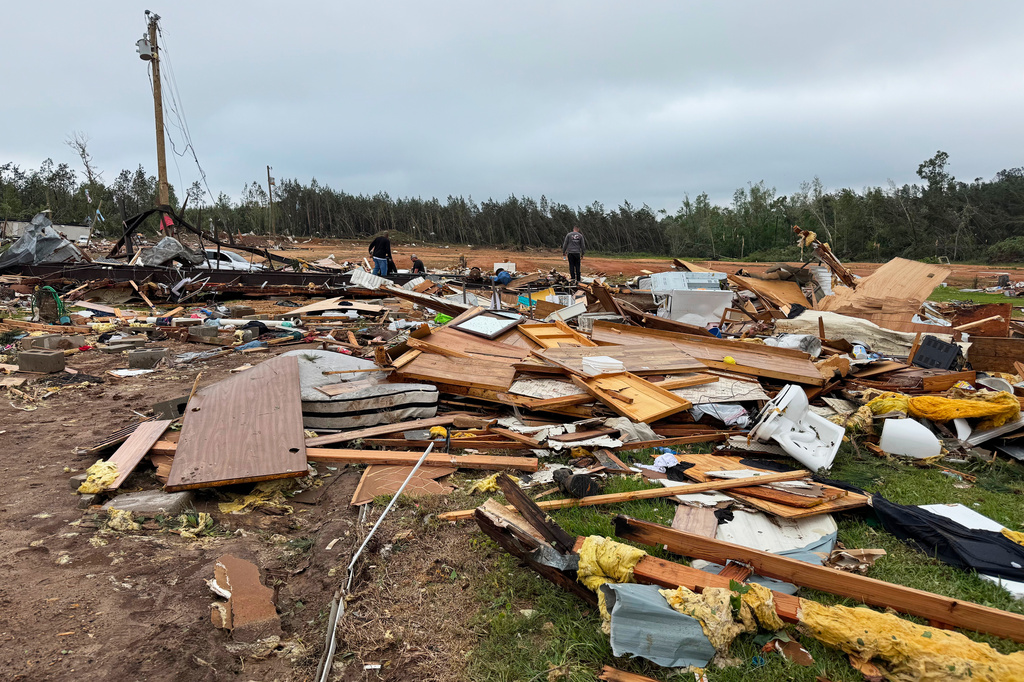 Damage to Gene’s Mobile Home Supply, a trailer park in Bogue Chitto, Miss., is seen Thursday, May, 7, 2026, after a tornado cut across the state. (AP Photo/Jack Brook)